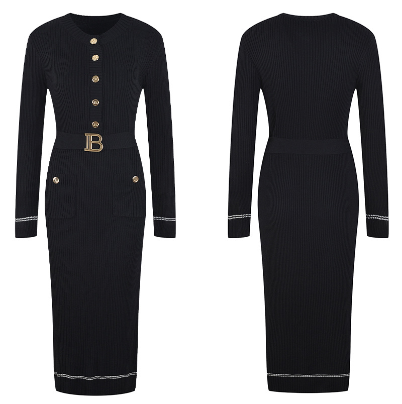 Small Round Neck Design Niche Long Sleeve Elastic Knitted Long Dress