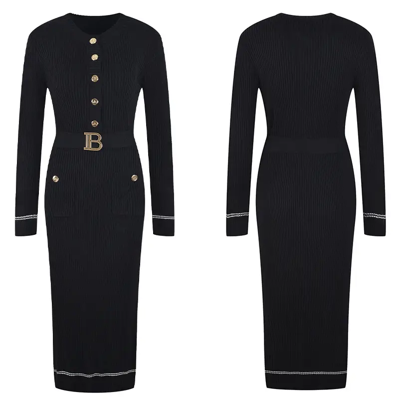 Small Round Neck Design Niche Long Sleeve Elastic Knitted Long Dress