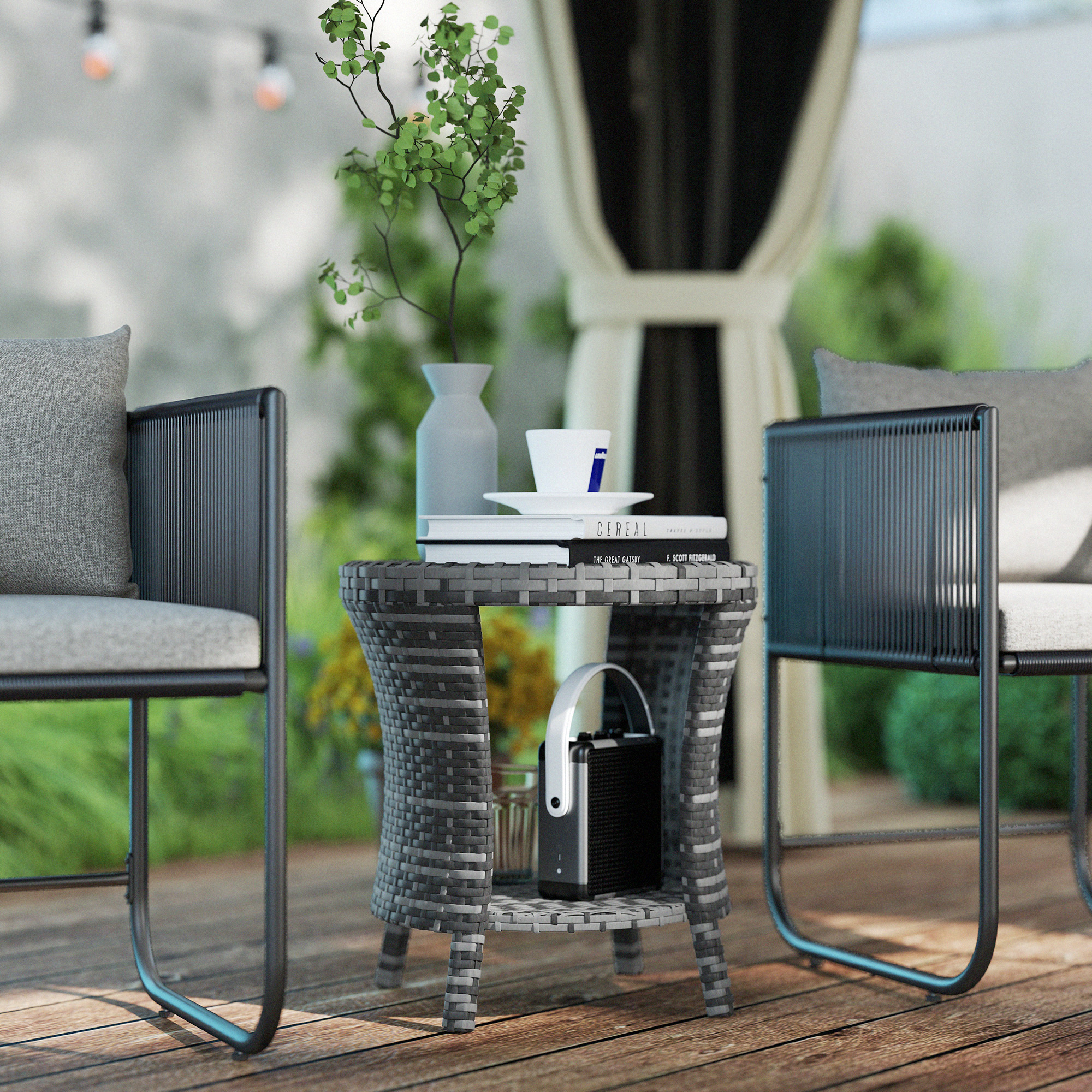 Wicker Outdoor Coffee Table With Two Tier Storage And Grey Wood Top_voghion.com