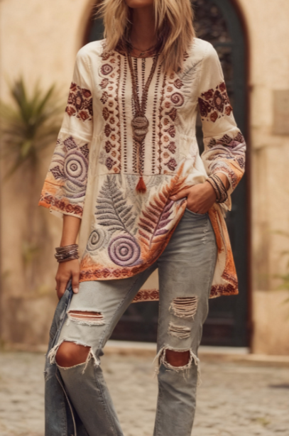 Ethnic Patterned Round Neck Bell Sleeve Casual Top