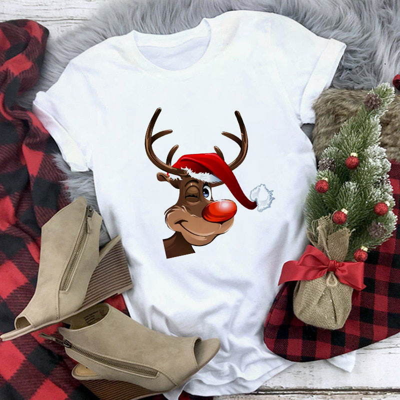 Christmas Cute Reindeer Print Short Sleeve T-shirt For Women