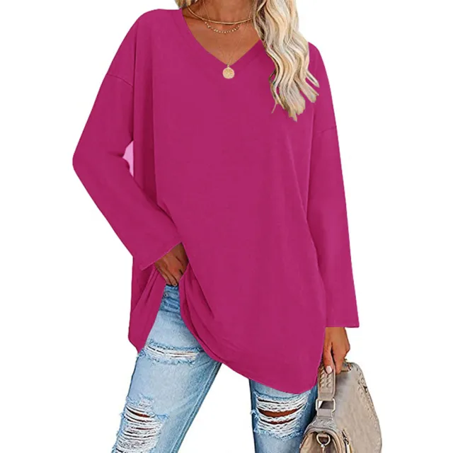 Solid Color Loose Drop Shoulder Sleeve V Neck Long Sleeve Blouse Rose - Shop at LoveMi
