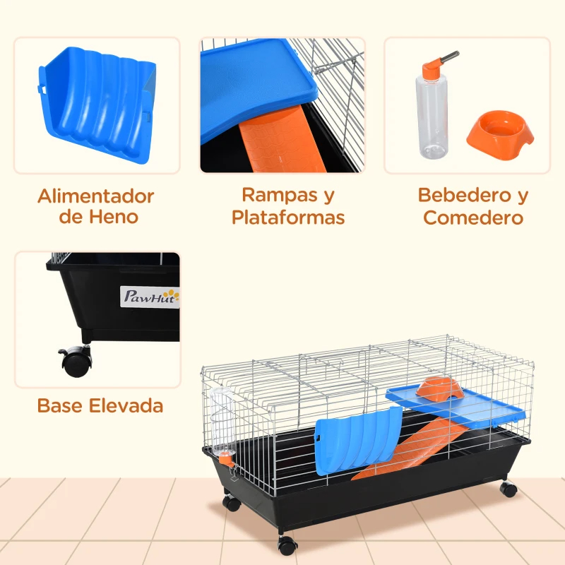 Small Animal Cage With Food Dish, Water Bottle, Hay Feeder, Platform, Ramp For Chinchilla, Black