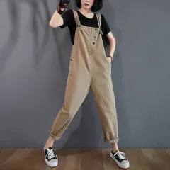 Summer New Loose High Waist Denim Overalls - Khaki - View 1