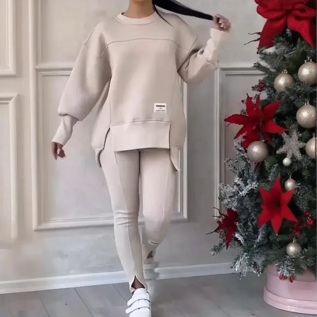 Women's Solid Color 2 Piece Set, Loose Fit Top With Slit Hem & Slim Fit Pants For Spring And Fall Apricot - Shop at LoveMi