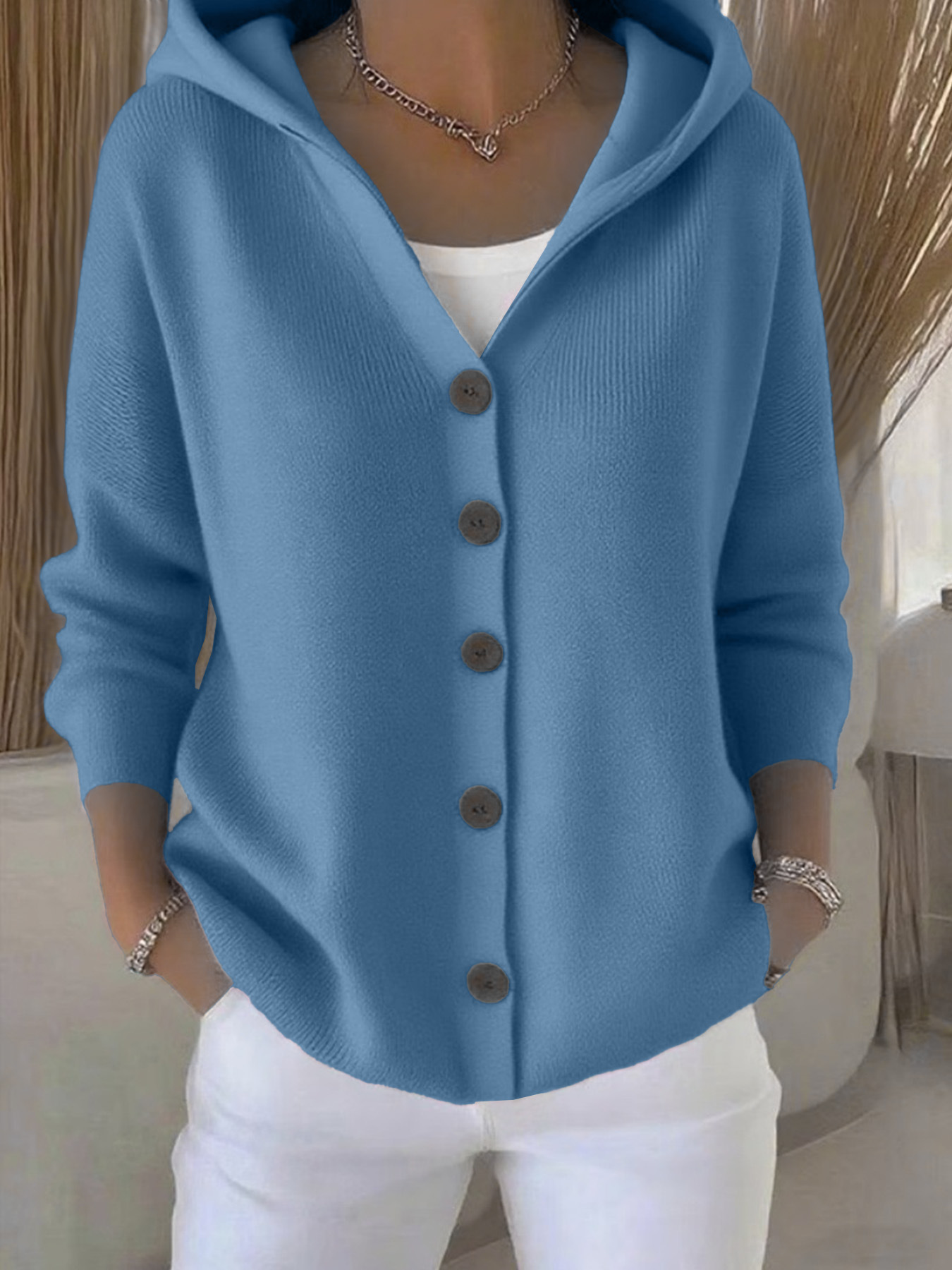 Hooded Knitted Cardigan Women's Solid Color Casual Sweater Jacket