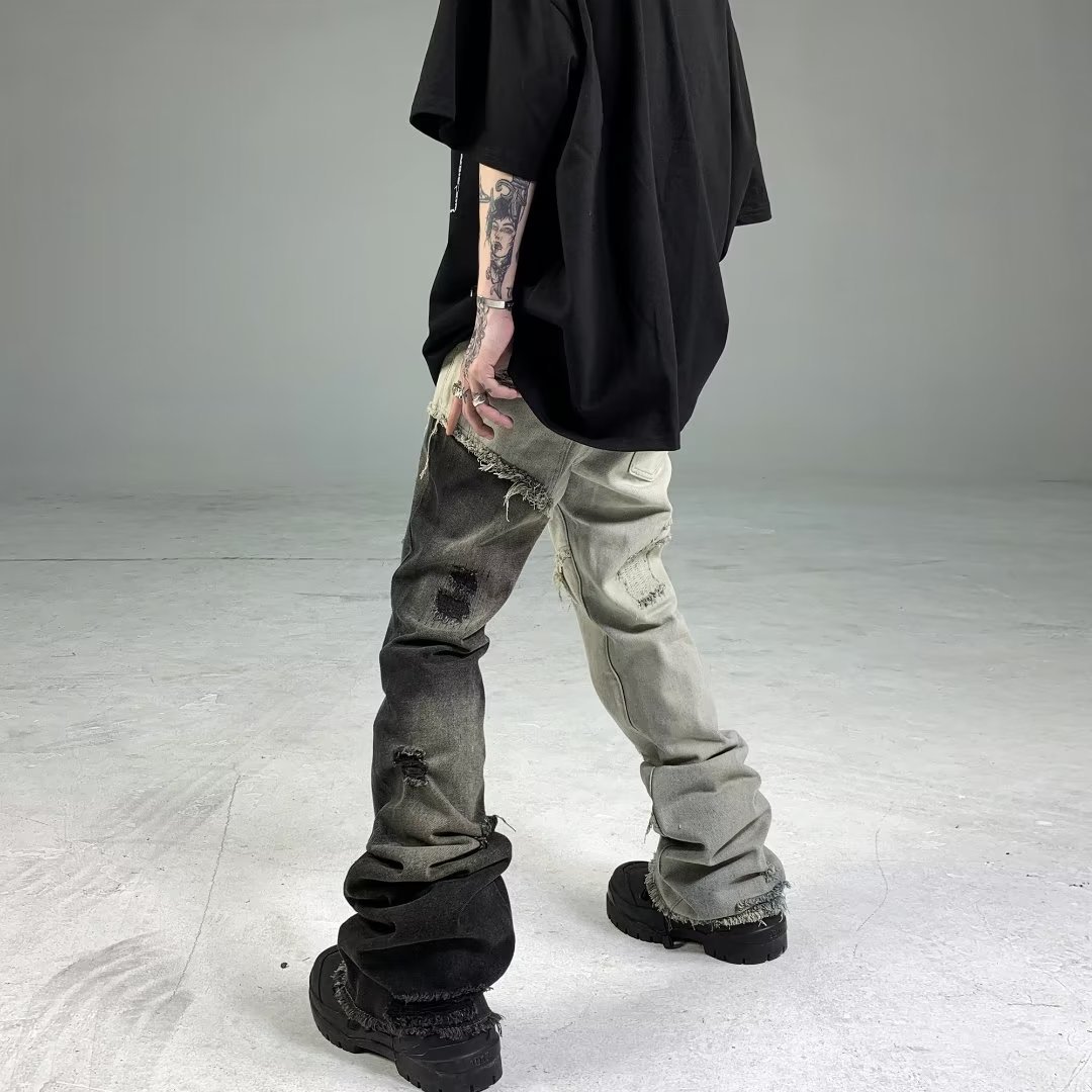 Men's Hip Hop Retro Dual-color Patchwork Raw Hem Ripped Jeans