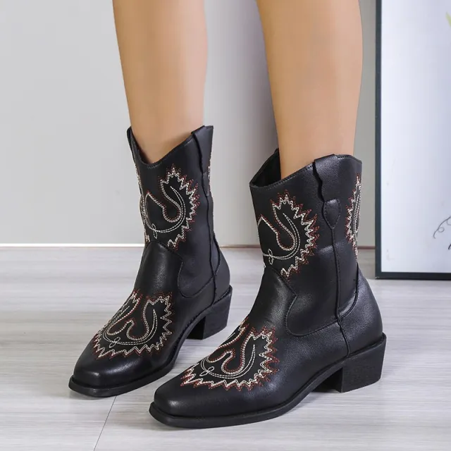 Embroidery Western Boots Chunky Mid Heel Cowboy Boots Women Shoes Black - Shop at LoveMi
