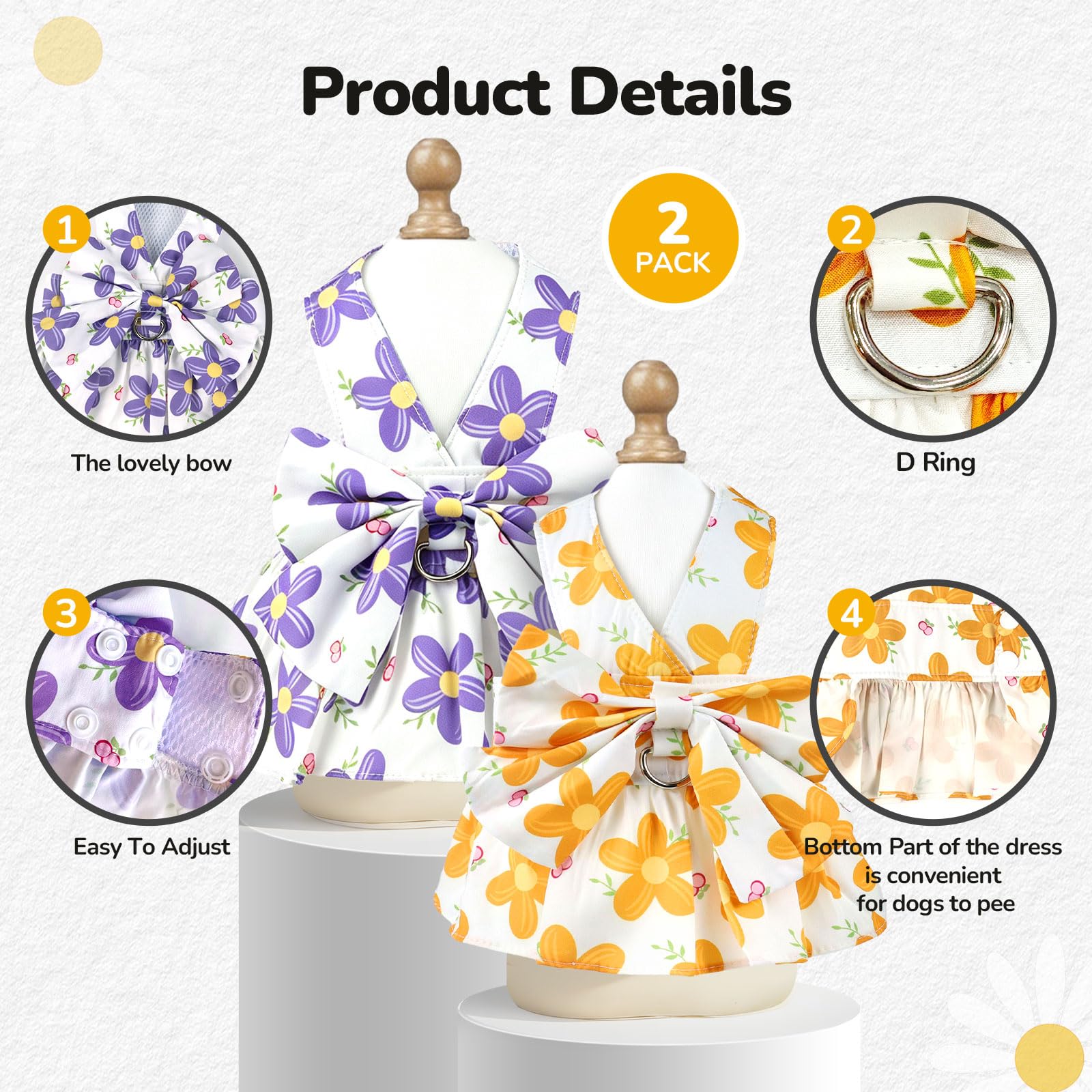 2Pack Small Dog Harness Dress For Girl Puppy Cat Dress With Flower Pattern Bow Adjustable Breathable Lining Back D-Ring Cute Outfits For Small Puppy, Cat Dresses For Cats Only Or Dog Girl Clothes