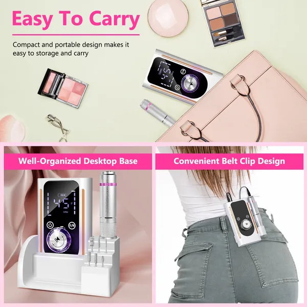 Portable Electric Nail Drill Bit 45000 RPM With 11 Bits Base Waist Clip Cordless Rechargeable Nail File Machine For Professional Salon Home Acrylic Nails Remove Nail Gel Polish Manicure 14