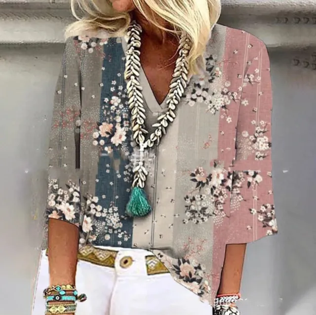 Ethnic Style V Neck Printed Women's Casual Shirt Dark Khaki - Shop at LoveMi