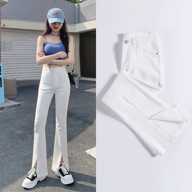 Women's Summer New High Waist Elastic Wide Leg Jeans White Long - Shop at LoveMi