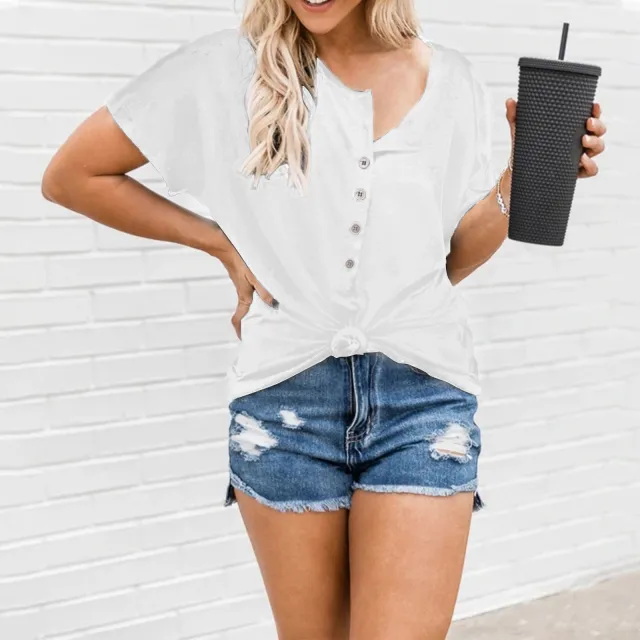 European And American Fashion Women's Irregular Hem Button Short sleeved T shirt White - Shop at LoveMi