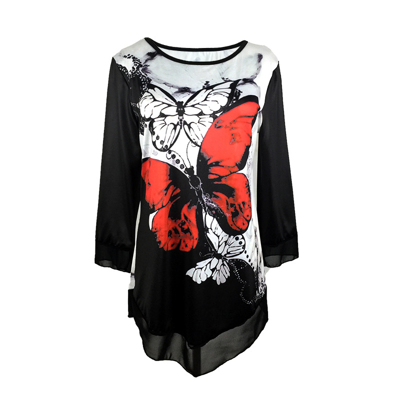 Title 3, Round Neck Loose Blouse With Irregular Print Hem