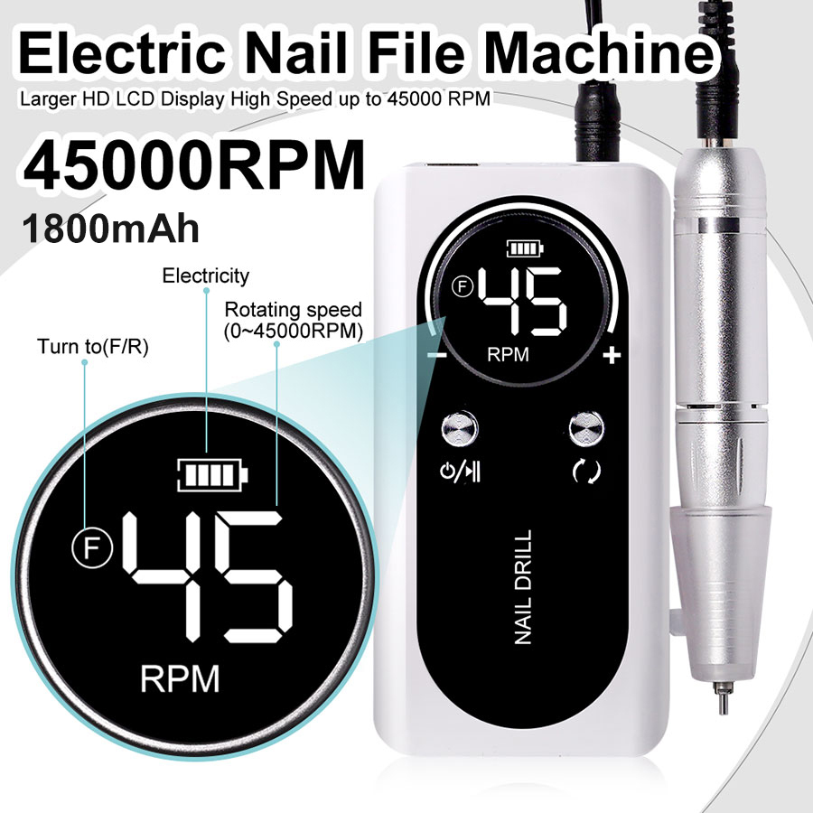 Professional Electric Nail Drill Machine, 45000RPM Rechargeable E-File Nail Drill Cordless, Electric Nail File Kit, Portable Electronic Grinder, Suitable For Nail Polish And Glue Nail Polish Polishing 3