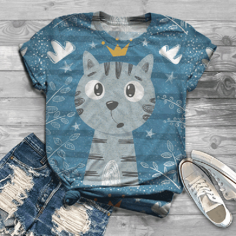 Title 2, Fashion Digital Cat Print Female T Short Sleeve