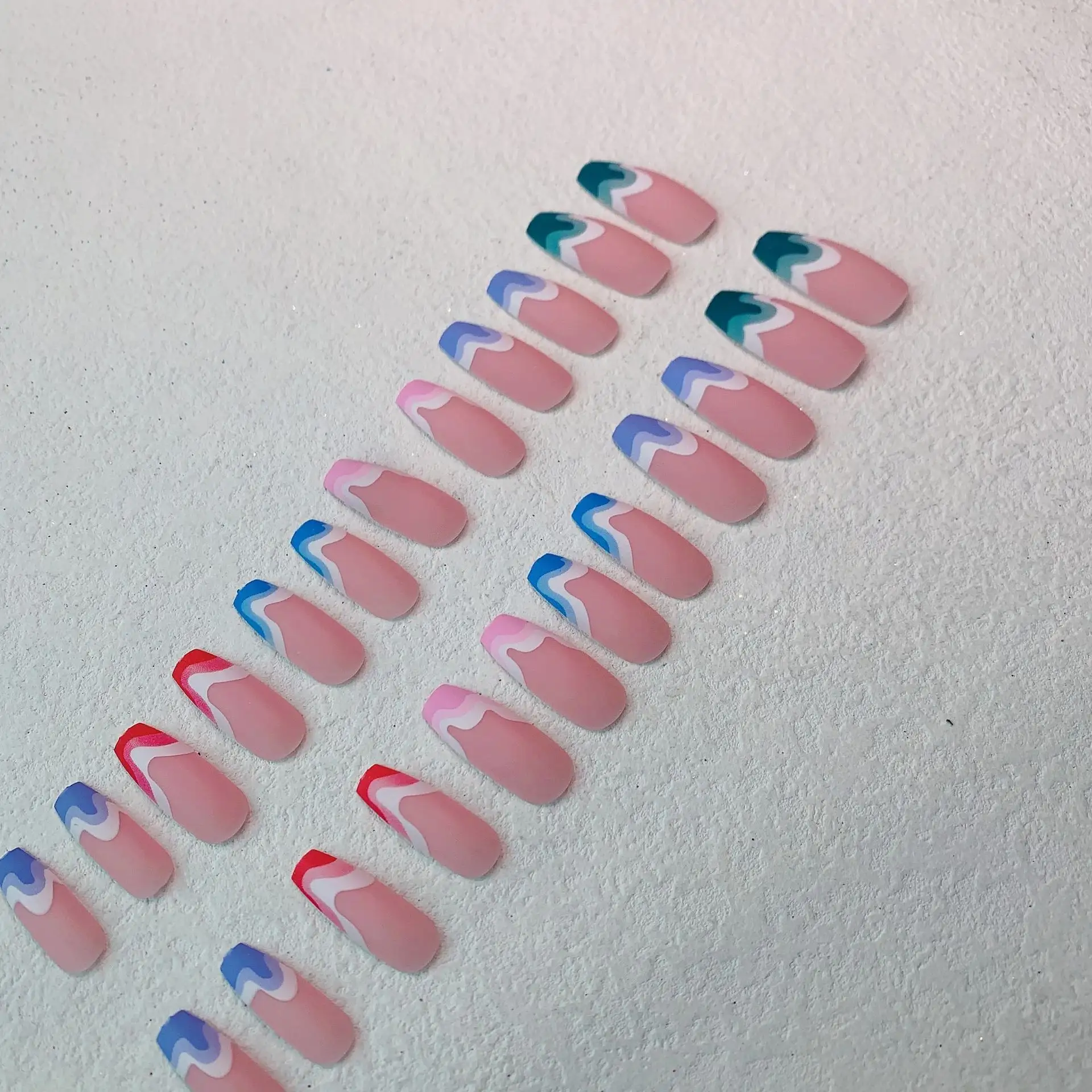 Fake Nails Multicolored Wave Pattern Extra Long