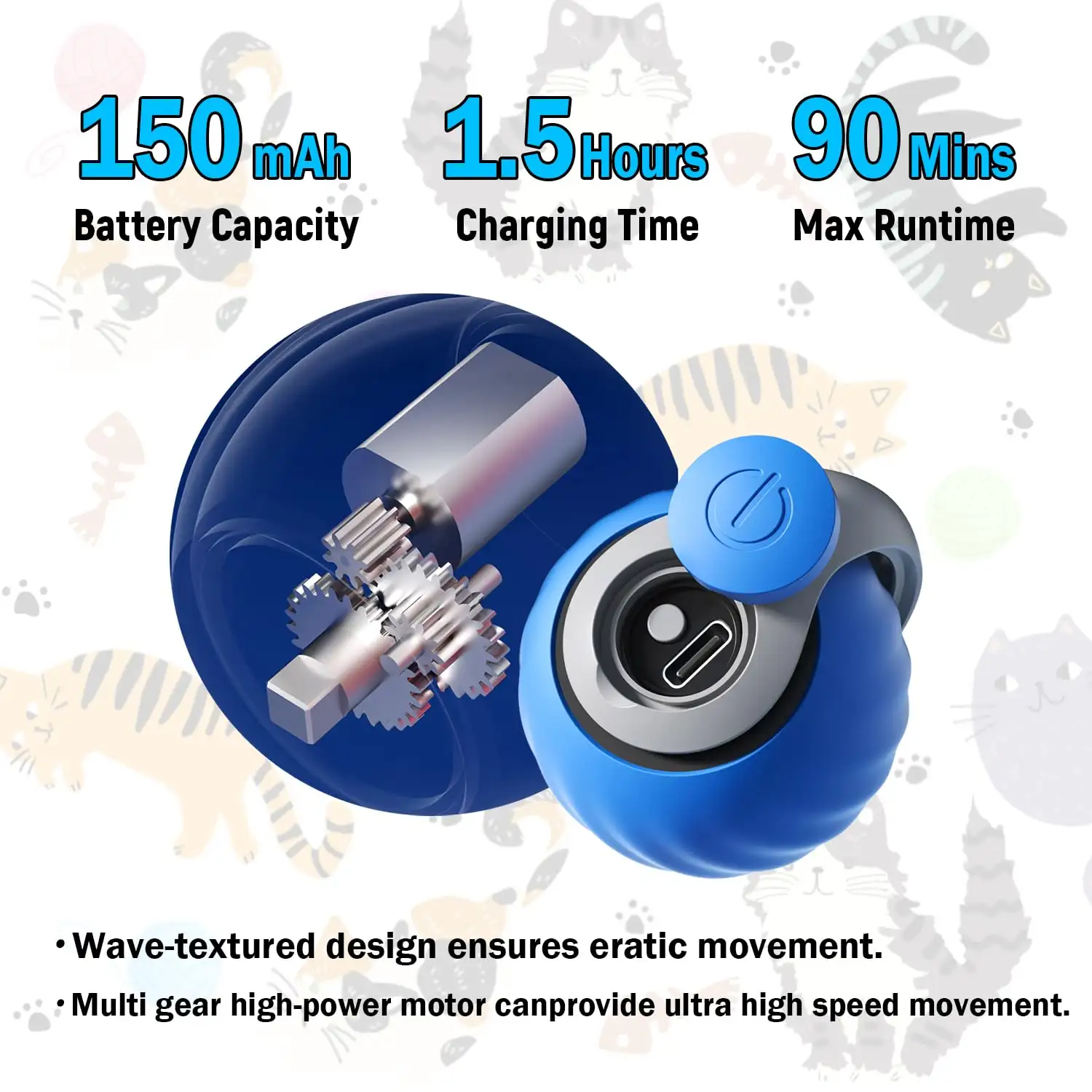 Interactive Cat Toy Ball - Automatic Interactive Cat Toys For Indoor Cats, Rechargeable 2 Speeds Enrichment Toys With 2 Tails, 2026 New Smart Rolling Toy For Sm