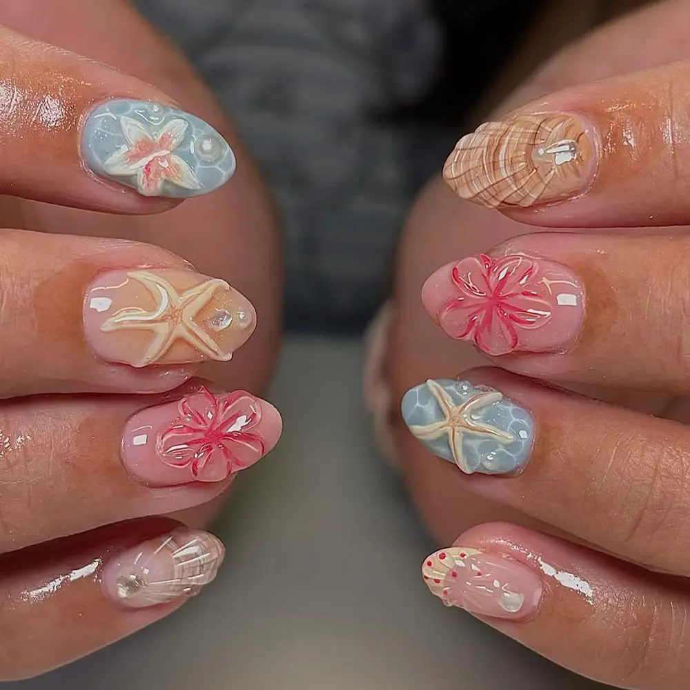 Of Short Almond-shaped Fake Nails, 3D Star-shaped