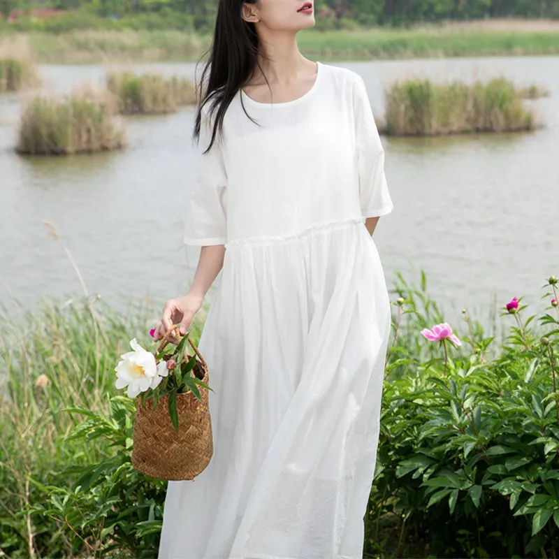Literature Art Cotton And Hemp Long Skirt Women's Solid Colour - White