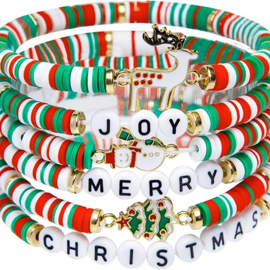 6PCS Christmas Bracelets Set, Joy & Merry Candy-Style Stackable Bracelets, Festive Holiday Gifts For Women & Teens