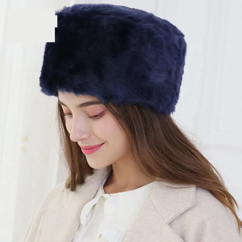 European And American Fashion Warm And Cold Rabbit Fur Hat - Navy Blue