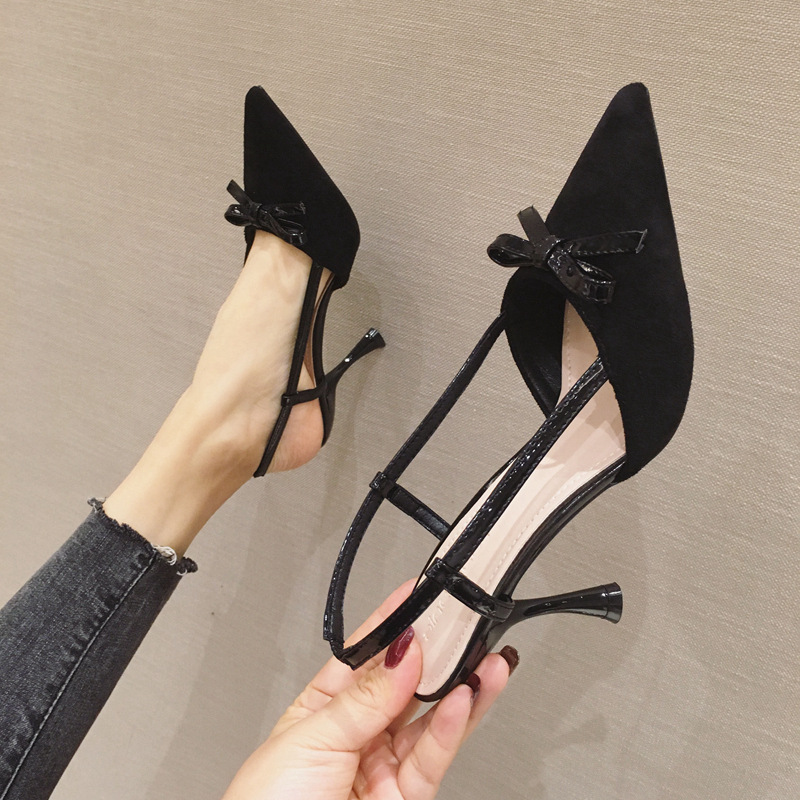 Korean Version Of The Back Empty High Heels Scrub Suede Bow Stiletto Women's Shoes Black - Shop at LoveMi