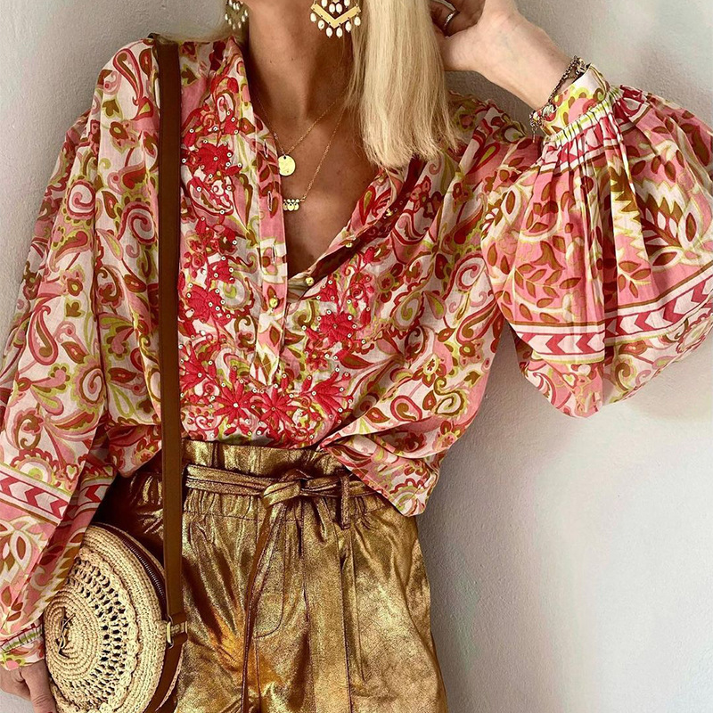 Women’s Printed Fashion Casual Floral V-neck Button-down Long Sleeve Shirt