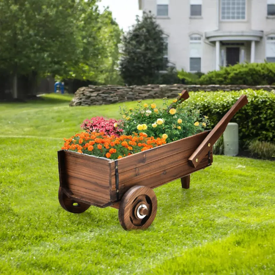 Wooden Wagon Planter Box With Wheels Handles And Drainage