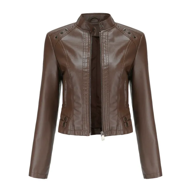 Studded Leather Women Short Jacket Long Sleeves Coffee - Shop at LoveMi