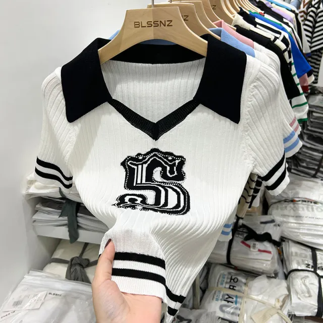 Women's Polo Collar Striped Short Sleeve Knitted Sweater Black - Shop at LoveMi