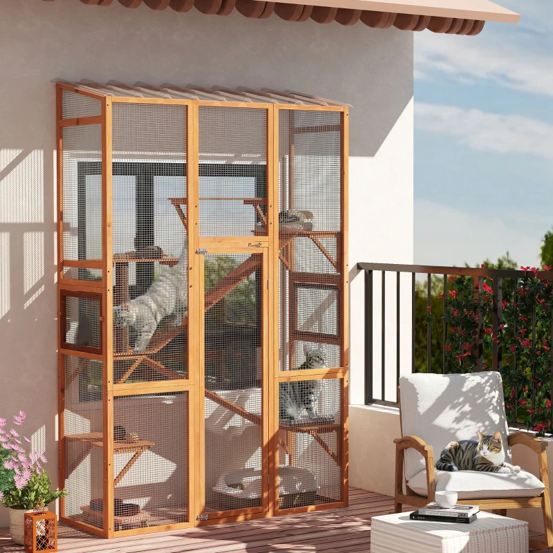 Outdoor Catio Cat Enclosure, Large Wooden Cat House With 6 Jumping Platforms, Scratching Post, 2 Ramps, For 2-3 Kittens