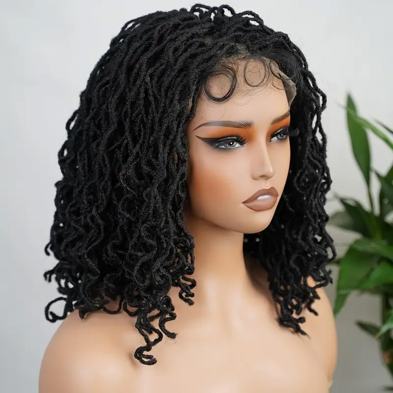4x4 Lace Front Braided Wig Curly Mini Faux Locs Ombre Brown Ombre Blonde 14 Inch Shoulder Length Synthetic Lace Wig For Women 1B - Shop at LoveMi