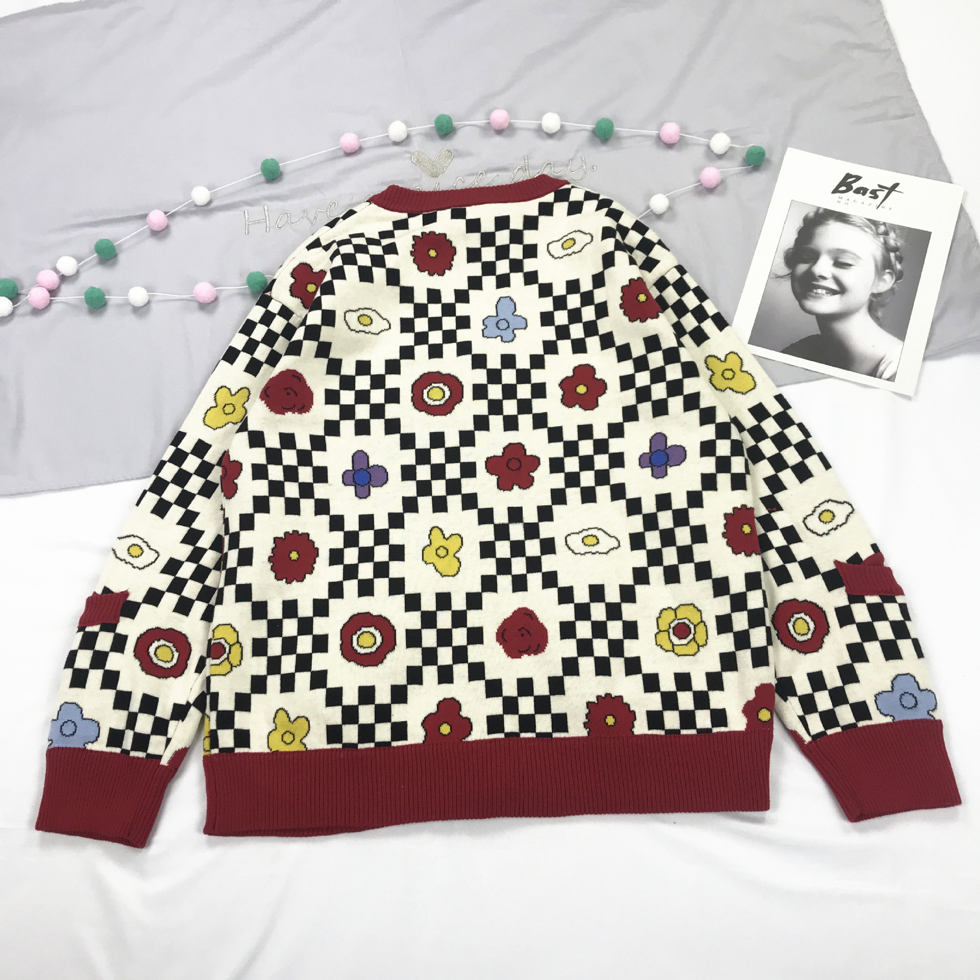 Mosaic Plaid Poached Egg Florets Double Jacquard Thick Sweater Cardigan