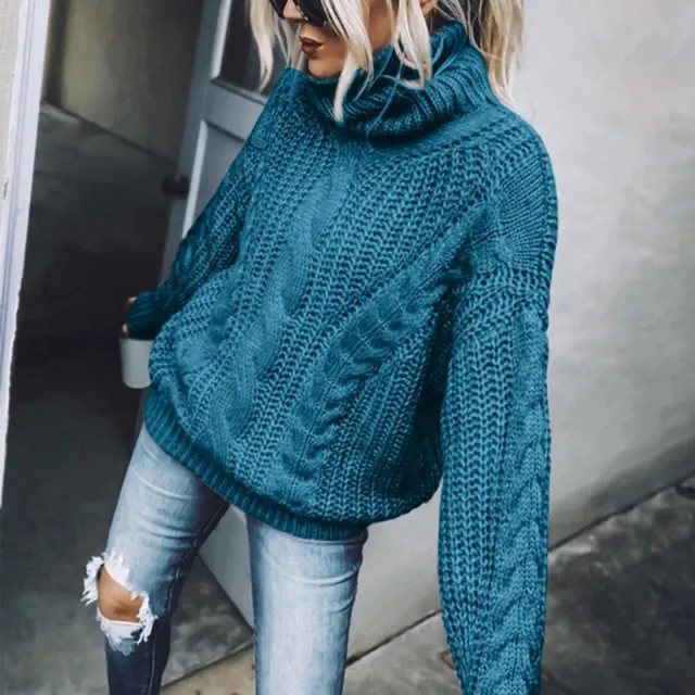 Women's Cable Knit Turtleneck Sweater, Classic Long Sleeve Winter Knitwear For Casual And Formal Wear Blue - Shop at LoveMi