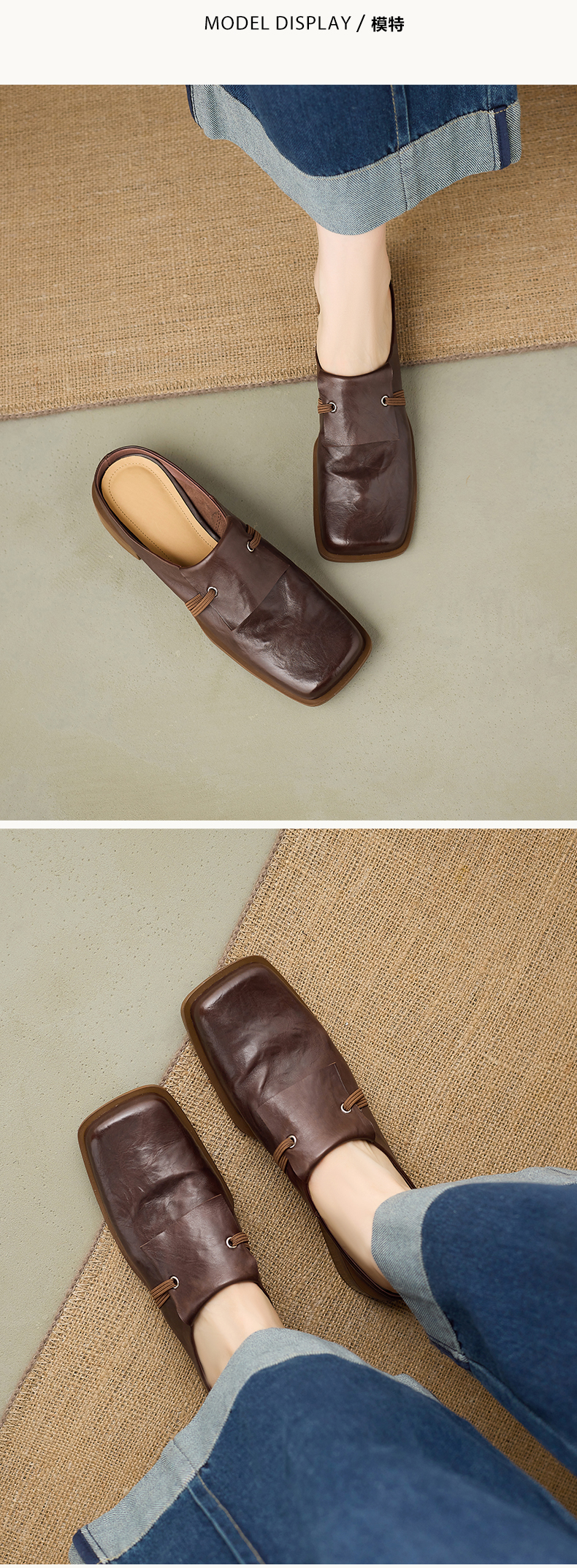 Square Toe Calfskin Leather Slides Detail - Sarah Express