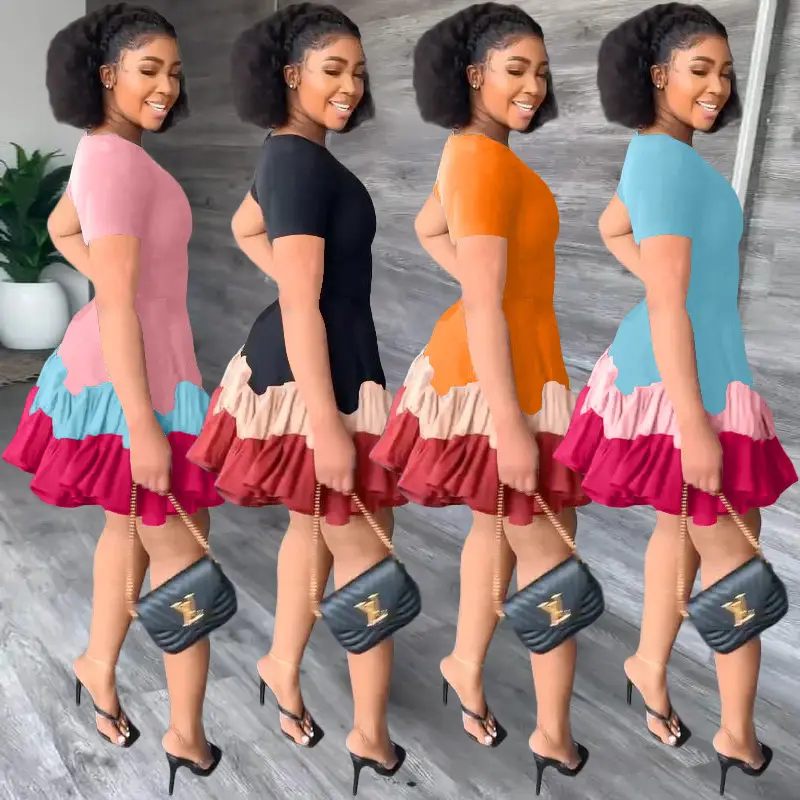 European And American Women's Clothing Summer Color Block Short Sleeve Pleated Dress