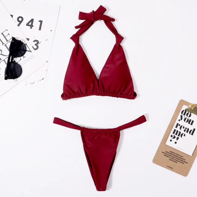 European And American Solid Color Strap Knotted Bikini Swimsuit Red - Shop at LoveMi