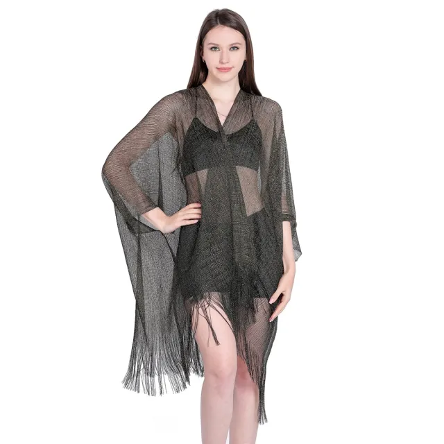 Gold And Silver Ribbon Sleeve Split Shawl Holiday Bikini Blouse Sunscreen Clothes Black Gold - Shop at LoveMi