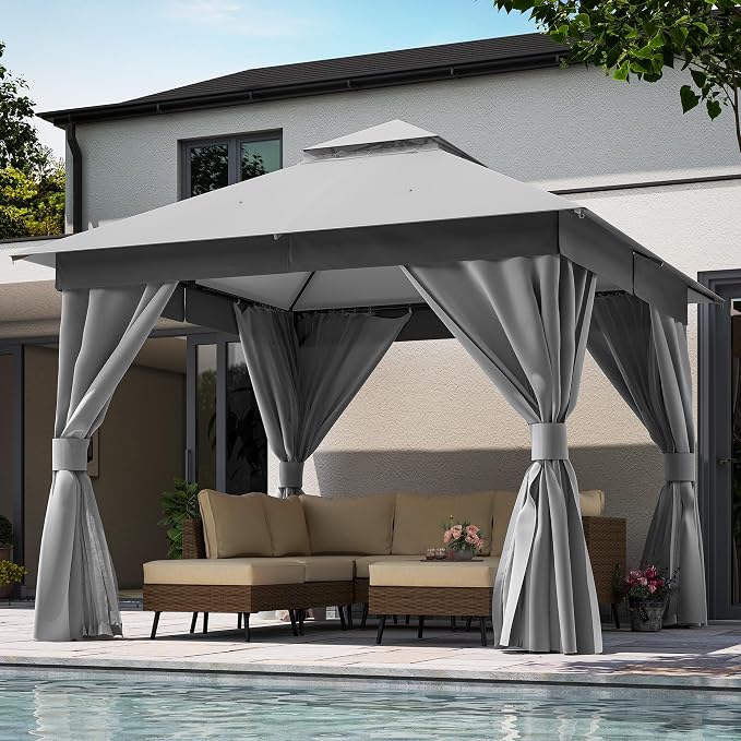 Patio Gazebo 10'x10', Outdoor Heavy Duty Party Tent Shelter With Double Roofs, Mosquito Nettings And Privacy Screens For Backyard, Garden, Lawn