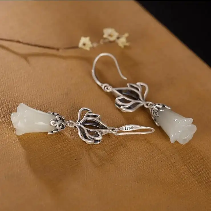 White Gold Inlaid Hetian Jade Orchid Eardrops