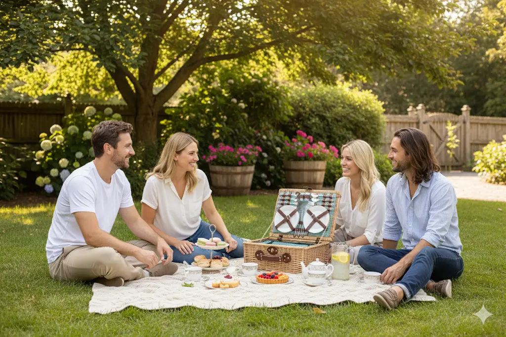 Wicker Picnic Basket Set For Four Gingham Liner, Willow Hamper