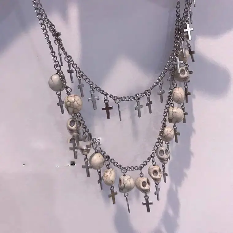 Cross White Skull Silver Double Necklace