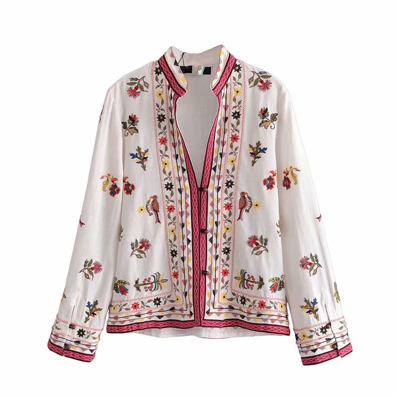 Stand-up Collar Embroidery Ethnic Casual Shirt — image 1