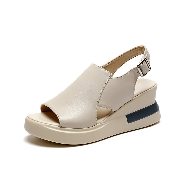 Buckle High Heel Soft Leather Soft Sole Platform Fish Mouth Sandals - Beige