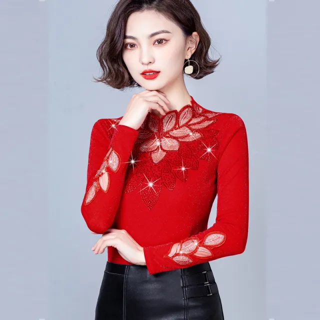Lace Bottoming Shirt Mesh Rhinestone Long Sleeve Silver Fox Velvet Leaf shaped Flowers Small Shirt Red - Shop at LoveMi