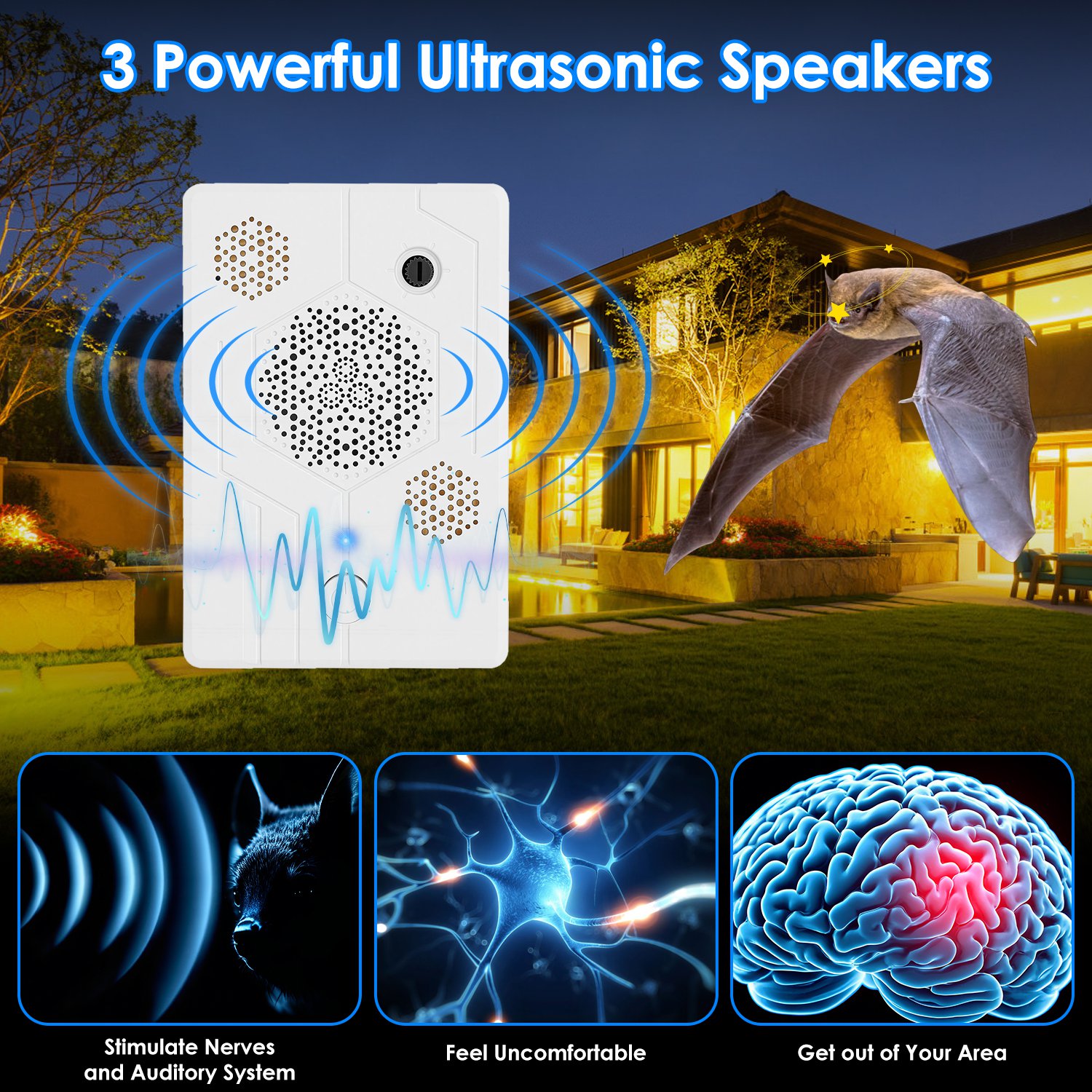 2Pack 2026 Upgraded Rechargeable Ultrasonic Bat Repellent Indoor Outdoor Bird Mouse Dog Deterrent Device With 3 Ultrasonic Speakers For Attic Porch House