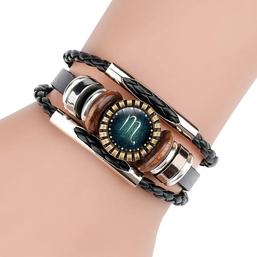 Multilayer Leather Bracelet 12 Constellation Zodiac Sign Men Braided
