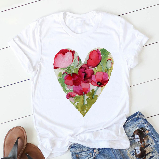 Title 1, Fashion Flower Love Print Short Sleeve