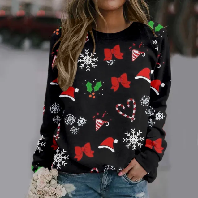 Christmas Print Round Neck Long sleeved Fleece Sweatshirt Black2 - Shop at LoveMi